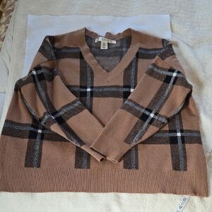 Max Studio Tan Plaid V-Neck Sweater